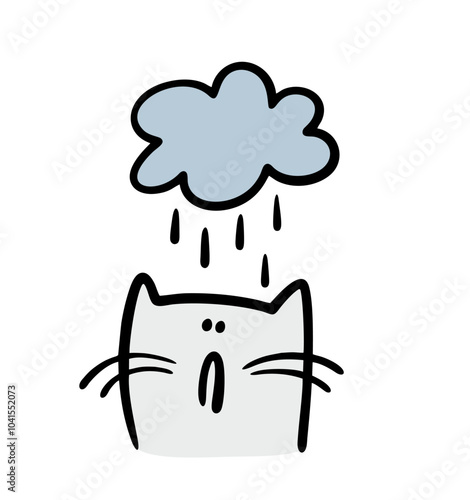 Disgruntled gray kitten gets wet in the rain. Vector illustration of a cloud with drops, bad weather, a cat is suffering. Isolated animal character on white background.