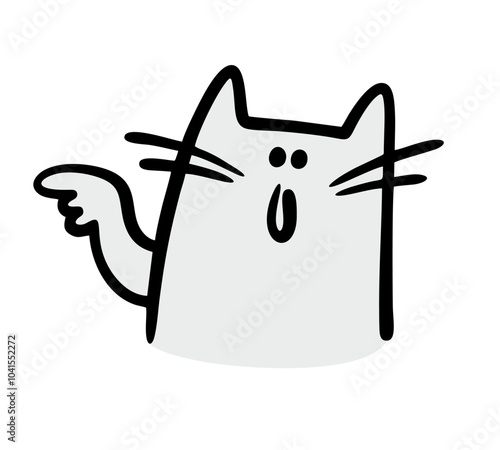 Funny cute kitten points his finger in the direction to the left. Vector illustration of a cat attracts attention, pawing advertises goods. Isolated cartoon character on white background.