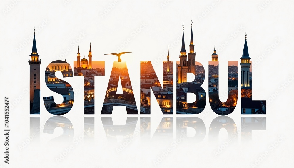 Istanbul cityscape silhouette inside text with sunset
Istanbul cityscape silhouette inside text with sunset
