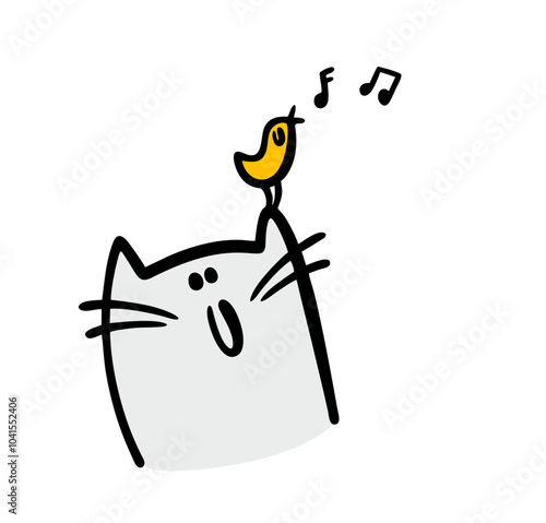 Yellow nightingale sits on the ear of a gray kitten and chirps. Vector illustration of a cat listening to a concert,  bird singing song.  Isolated doodle musical animals on white background.