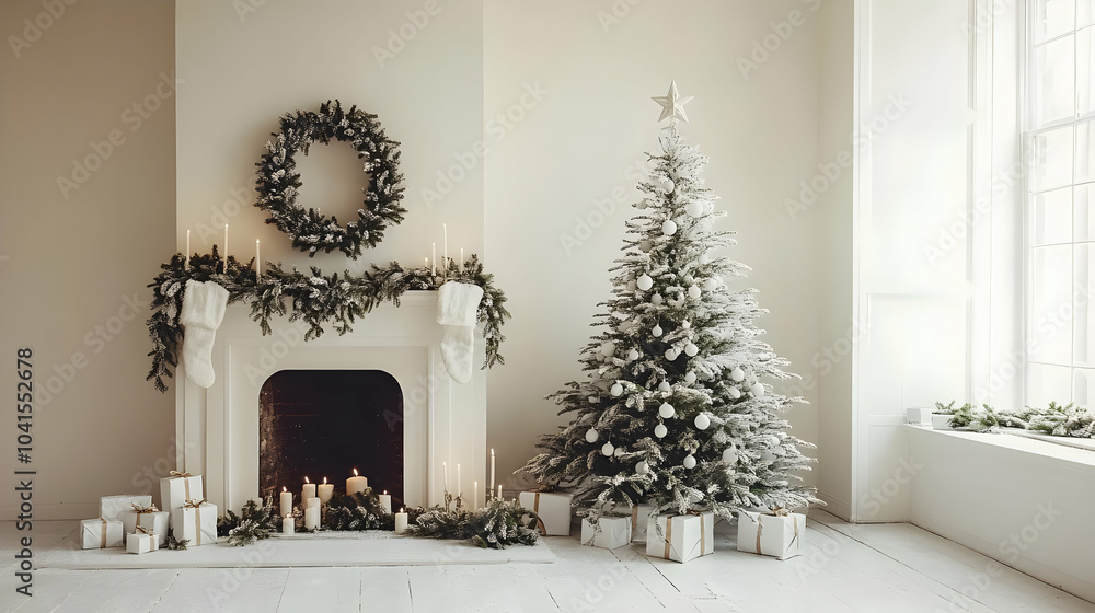 White Christmas Decor with Fireplace, Wreath, and Tree White Christmas Decor with Fireplace, Wreath, and Tree