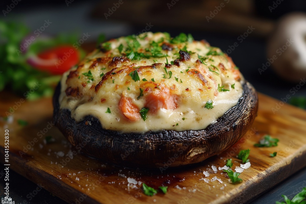Baked Stuffed Mushrooms with Salmon and Cream Cheese on a Dinner Table Baked Stuffed Mushrooms with Salmon and Cream Cheese on a Dinner Table