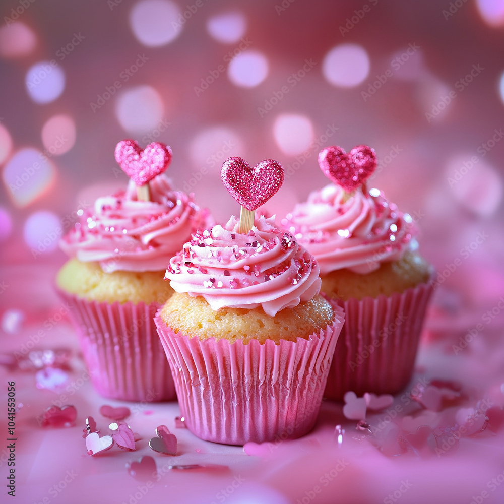 standing in a row beautiful image of shiny valentine's theme sparkle three cupcakes, in focus, with wooden toothpick, pink colors standing in a row beautiful image of shiny valentine's theme sparkle three cupcakes, in focus, with wooden toothpick, pink colors
