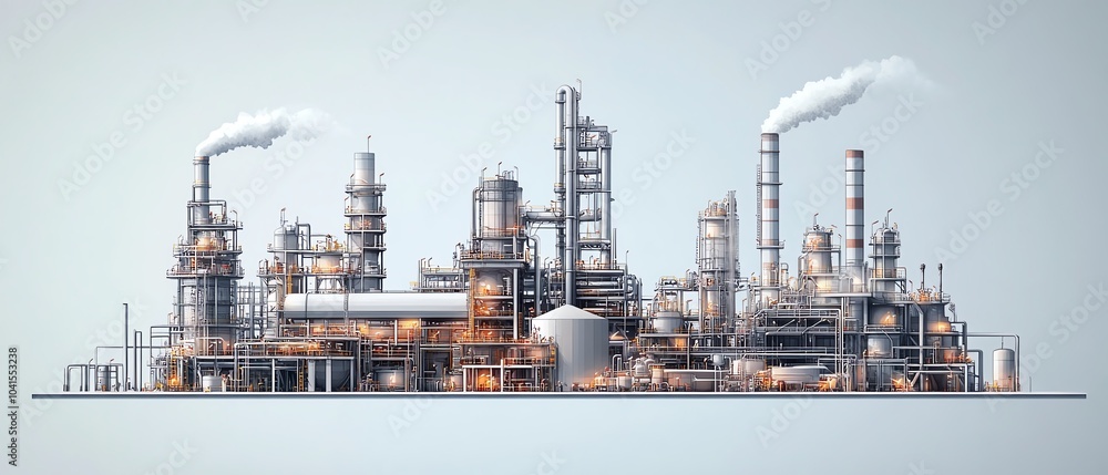 Detailed vector depiction of a gas plant with a refinery layout, presenting two layers of industrial features including smokestacks and processing units Detailed vector depiction of a gas plant with a refinery layout, presenting two layers of industrial features including smokestacks and processing units