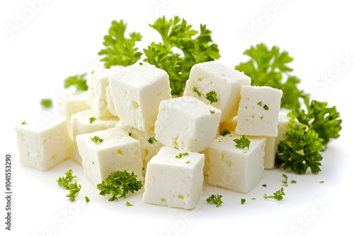 Feta cheese cut in cubes, isolated on white background 