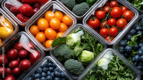 An overhead view of various fresh fruits and vegetables in containers, highlighting the vibrant colors and diversity of healthy food options available.