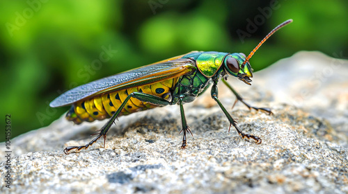 A close-up of a metallic green and yellow beetle with black spots on its back, perched on a rock with blurred green foliage in the background.