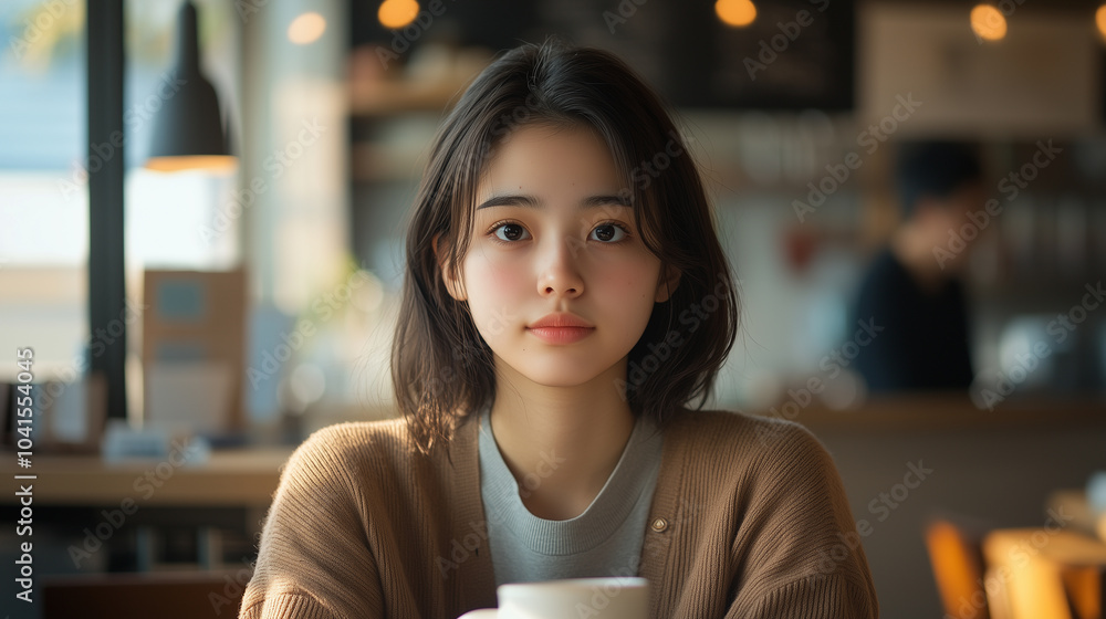 young woman with medium length hair sits at cafe, looking thoughtfully at camera. warm ambiance and soft lighting create cozy atmosphere. young woman with medium length hair sits at cafe, looking thoughtfully at camera. warm ambiance and soft lighting create cozy atmosphere.