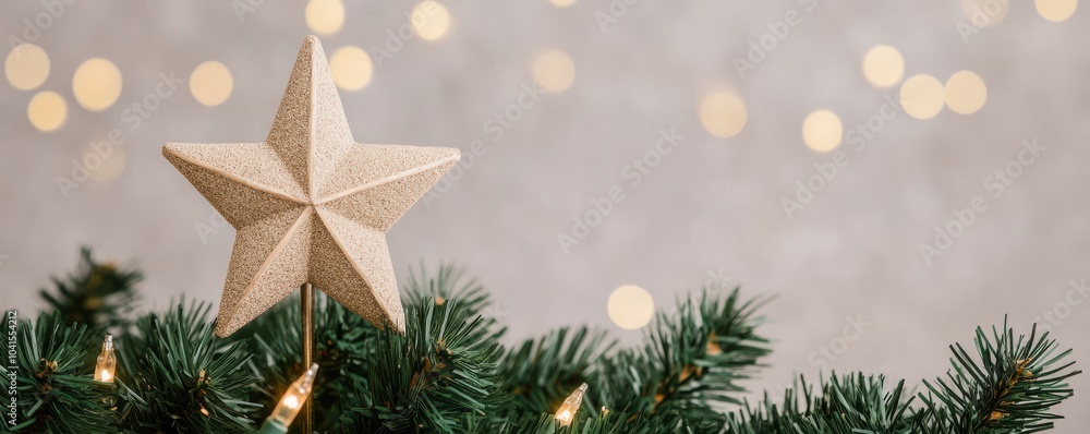 A beautifully decorated Christmas tree topped with a sparkling star, surrounded by soft bokeh lights. A beautifully decorated Christmas tree topped with a sparkling star, surrounded by soft bokeh lights.