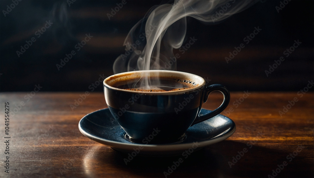 Hot cup of black coffee with steam rising, dramatically lit from the side to capture the swirling steam and shadows Hot cup of black coffee with steam rising, dramatically lit from the side to capture the swirling steam and shadows