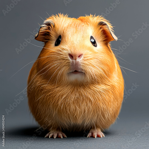 A close-up portrait of a cute, orange guinea pig looking directly at the camera against a plain gray background.