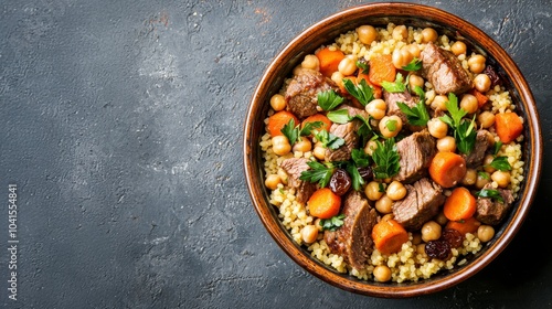 A delicious bowl of beef stew with chickpeas, carrots, and herbs, perfect for cozy meals and healthy eating.