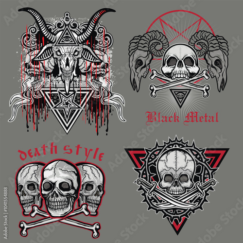 set, gothic sign with skull, grunge vintage design t shirts
