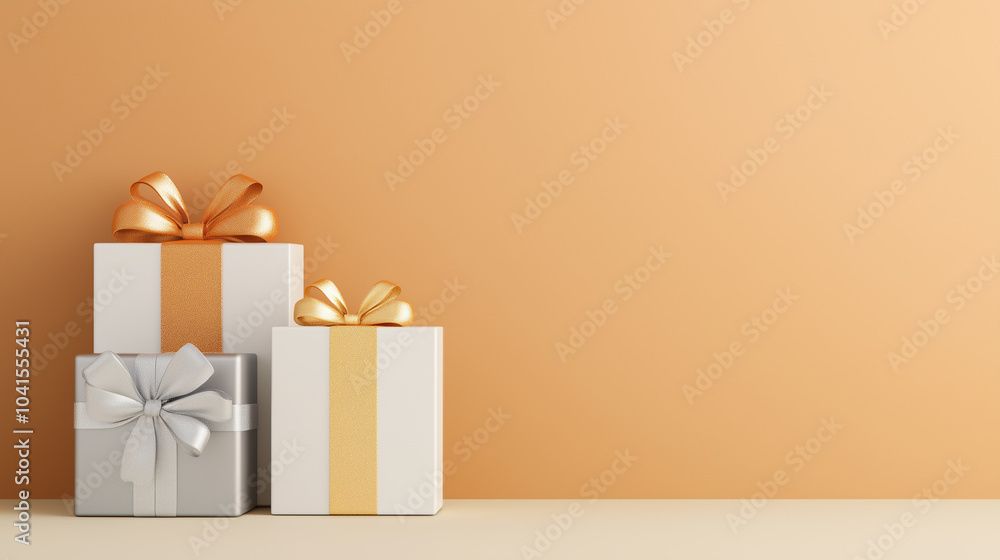 Elegant gift boxes with ribbons on a warm backdrop Elegant gift boxes with ribbons on a warm backdrop