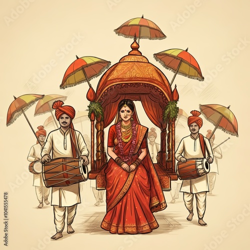 Traditional Indian bride arriving in a royal palanquin, escorted by attendants during a wedding procession