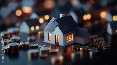 miniature house surrounded by stacks of coins symbolizes real estate investment and financial growth. warm glow from windows adds sense of comfort and opportunity. photo