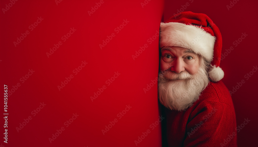 Naklejka premium Santa peeks out from behind a red background, copy space