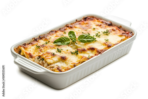 Italian lasagna al forno pasta with mozzarella cheese and beef meat isolate don white background 