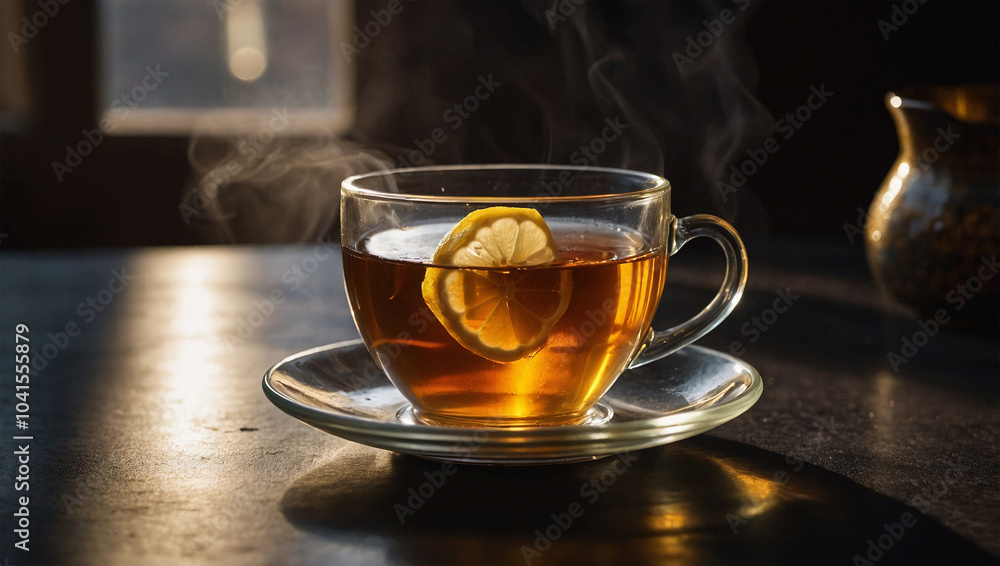Steaming cup of tea with a slice of lemon, dramatically backlit to highlight the steam and the transparent amber liquid. Steaming cup of tea with a slice of lemon, dramatically backlit to highlight the steam and the transparent amber liquid.