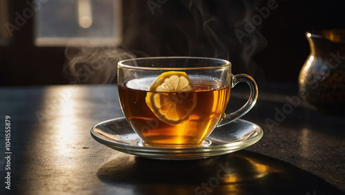 Steaming cup of tea with a slice of lemon, dramatically backlit to highlight the steam and the transparent amber liquid.