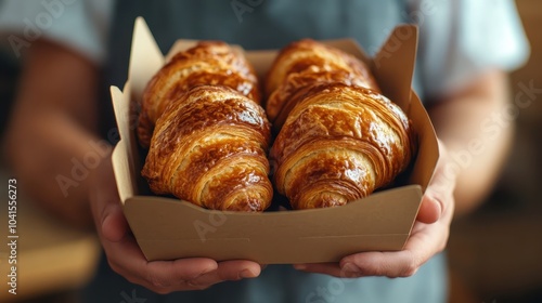 Close-up of hands holding a cardboard box containing three freshly baked croissants, showcasing their crisp, flaky layers and mouth-watering appearance. photo