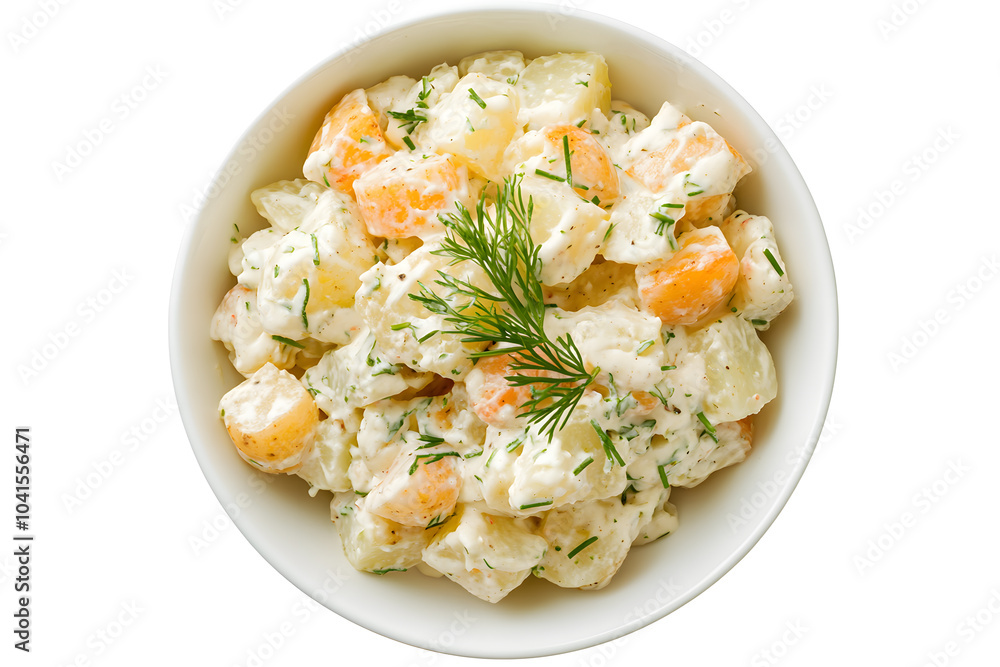 White bowl filled with creamy potato salad isolated on white White bowl filled with creamy potato salad isolated on white