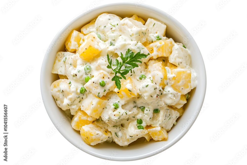 White bowl filled with creamy potato salad isolated on white White bowl filled with creamy potato salad isolated on white