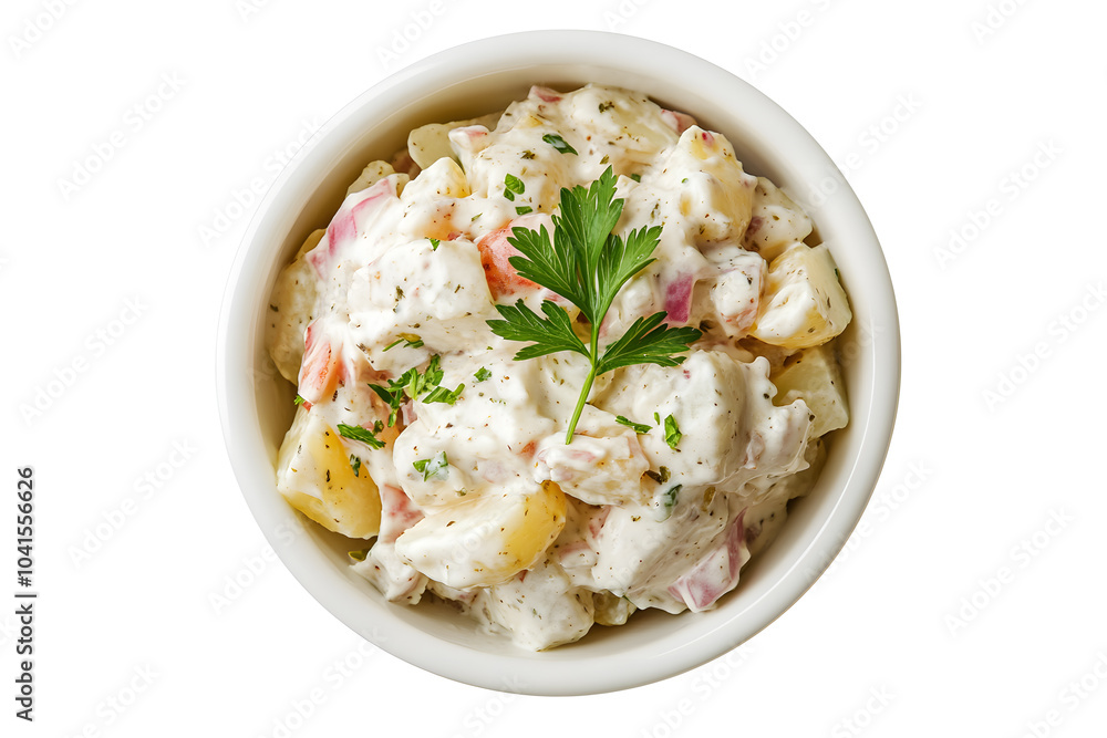 White bowl filled with creamy potato salad isolated on white