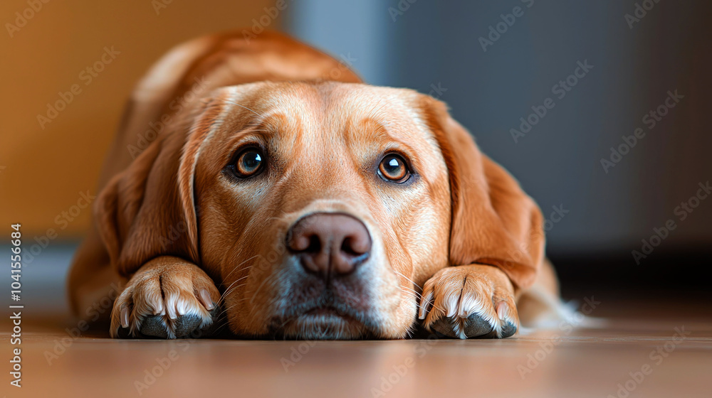 A golden labrador retriever dog lying on the floor with its head resting on its paws and looking up at the camera with a sad expression. A golden labrador retriever dog lying on the floor with its head resting on its paws and looking up at the camera with a sad expression.