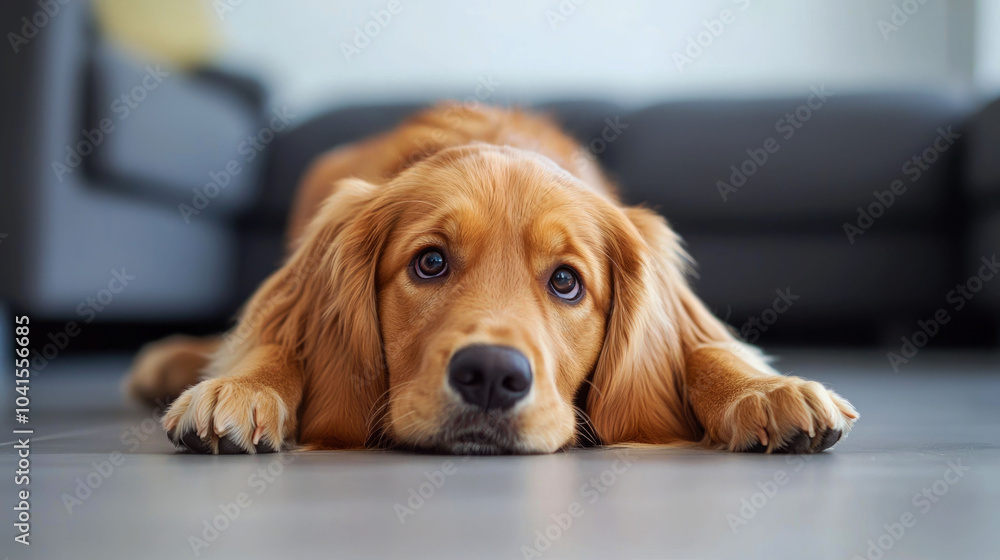 A golden retriever dog laying on the floor with a sad expression. A golden retriever dog laying on the floor with a sad expression.