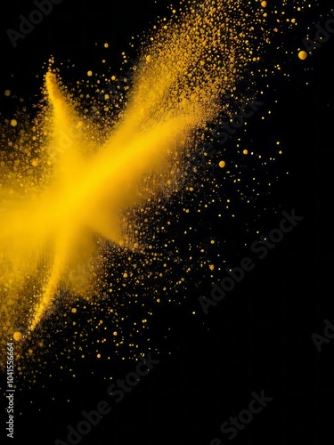 Yellow dust particles explosion on black backgroundyellow powder splash glitter dust particle Ultra realistic  photo