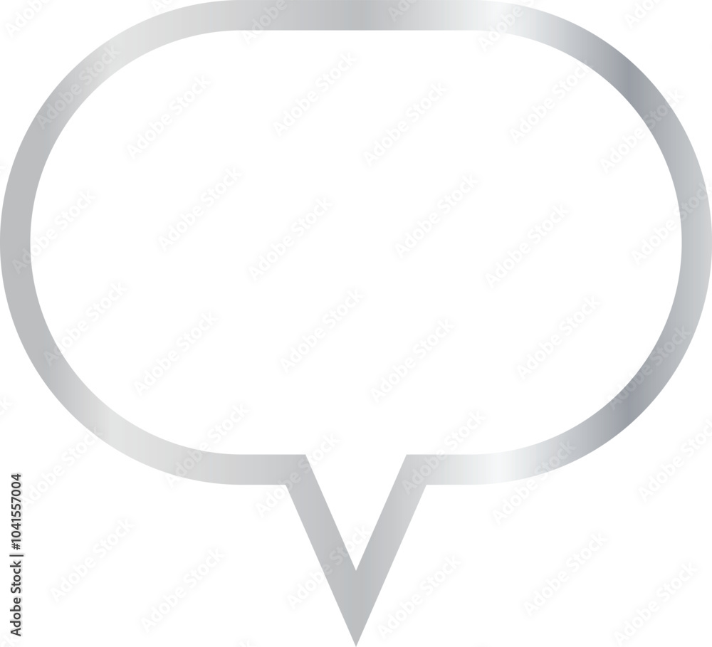 3x2 aspect ratio silver metallic speech bubble with oval shape. Blank outline talk balloon with centered, sharp, downward-pointing triangular tail on transparent background. 3x2 aspect ratio silver metallic speech bubble with oval shape. Blank outline talk balloon with centered, sharp, downward-pointing triangular tail on transparent background.
