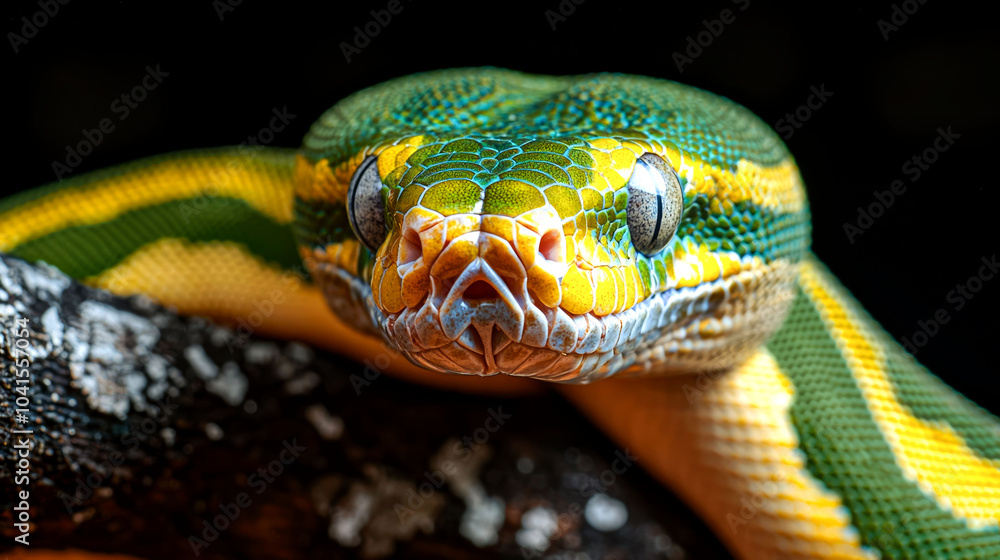 Fototapeta premium A green and yellow snake with blue eyes stares directly at the camera.