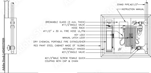 illustration design sketch completeness vector image detail FIRE HOSE CABINET FLUSH MOUNTED for fire safety