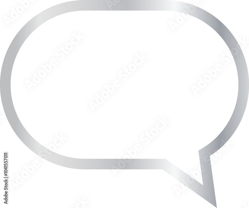 3x2 aspect ratio silver metallic speech bubble with oval shape. Blank outline talk balloon with sharp, downward-pointing triangular tail on the right on transparent background.	