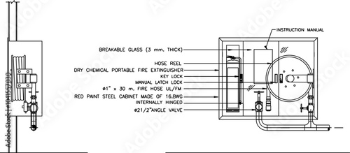 illustration design sketch completeness vector image detail FIRE HOSE CABINET FLUSH MOUNTED for fire safety