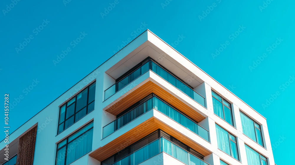 A sleek smart building equipped with advanced technology, featuring automated systems and energy-efficient design, set against a clear blue sky A sleek smart building equipped with advanced technology, featuring automated systems and energy-efficient design, set against a clear blue sky