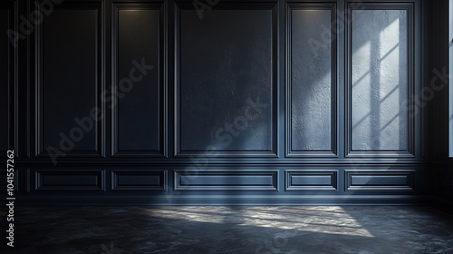 Dark navy blue panelled wall background with wide symmetrical panels and a matte finish creating a bold yet sophisticated atmosphere for modern or industrial interior designs photo