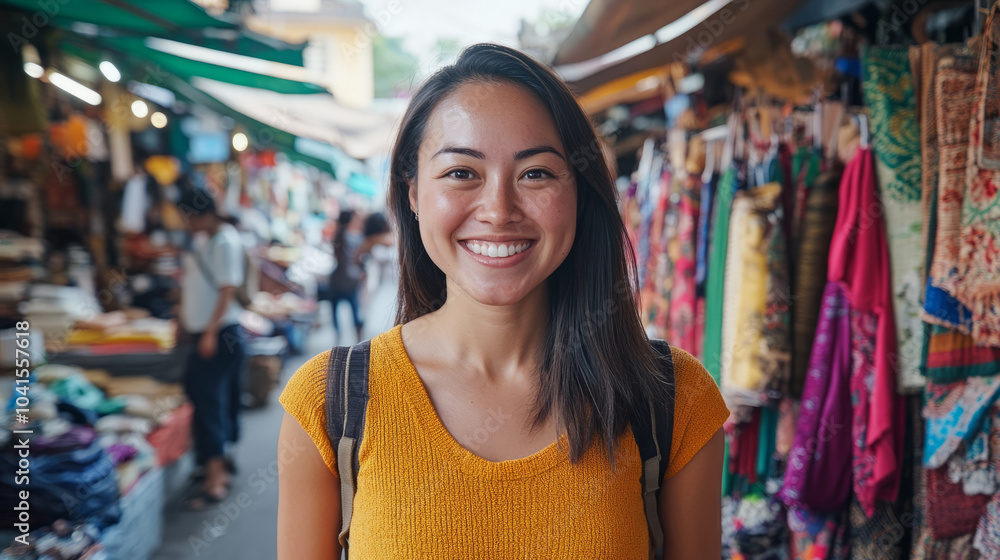 A solo female traveler smiling as she explores a bustling local market in Southeast Asia, surrounded by colorful textiles, street vendors, and friendly locals A solo female traveler smiling as she explores a bustling local market in Southeast Asia, surrounded by colorful textiles, street vendors, and friendly locals