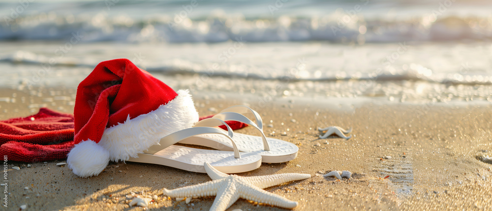 Santa hat, white flip flops, and red towel and white sea star on the beach, closeup, sunny day, copy space Santa hat, white flip flops, and red towel and white sea star on the beach, closeup, sunny day, copy space