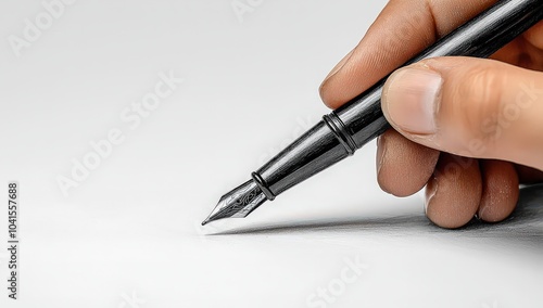 A hand holding an ink pen, writing on paper, simple lines