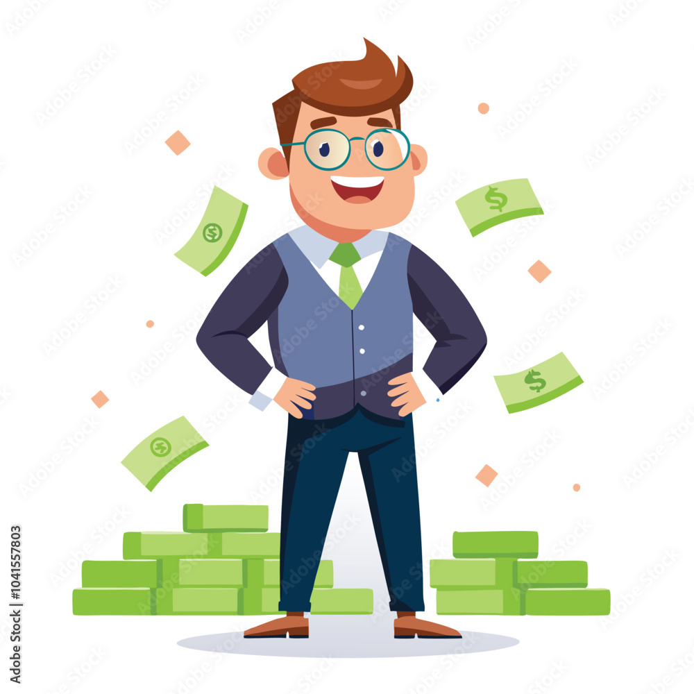 Happy investment advisor with flying money on a white background, symbolizing financial success.