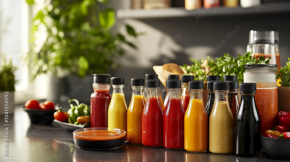 A stylish arrangement of gourmet sauces and condiments, including artisanal ketchup, spicy mustard, and handcrafted dressings, displayed on a kitchen counter A stylish arrangement of gourmet sauces and condiments, including artisanal ketchup, spicy mustard, and handcrafted dressings, displayed on a kitchen counter