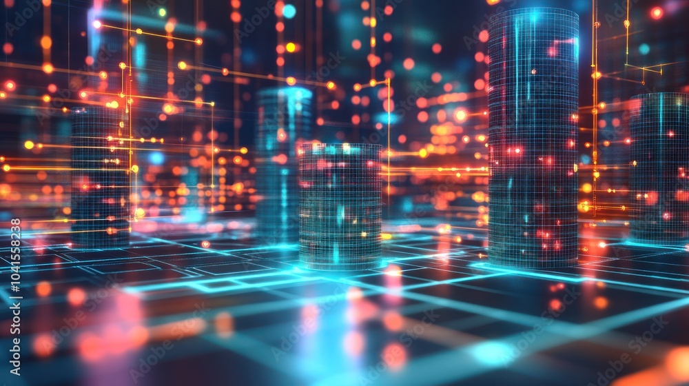 Abstract Futuristic Cityscape with Neon Lights and Grid Pattern Abstract Futuristic Cityscape with Neon Lights and Grid Pattern