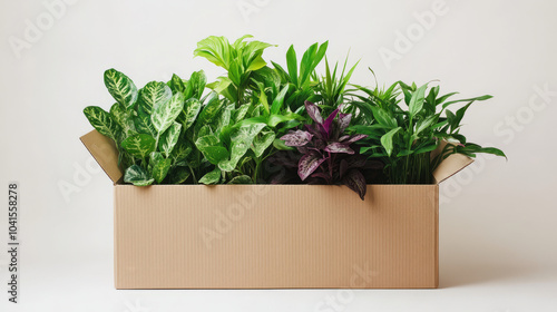 A subscription plant delivery service packaging fresh houseplants in eco-friendly boxes, ready to be shipped to customers' doorsteps photo