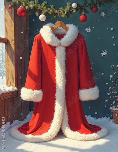 Traditional Santa Coat Hanging in a Snowy Winter Scene - Festive Red Fur Coat, Christmas Decor, Holiday Magic