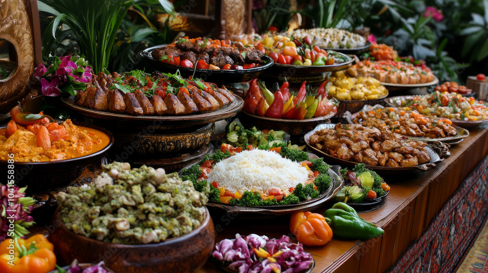 Fototapeta premium A table filled with various ethnic cuisines, featuring colorful dishes and ingredients that highlight the diversity of global food culture