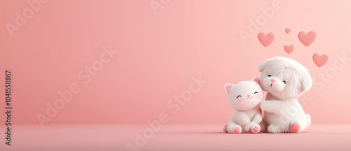 Wallpaper Mural Cute Cat and Dog Friends on Pink Background with Hearts. Torontodigital.ca