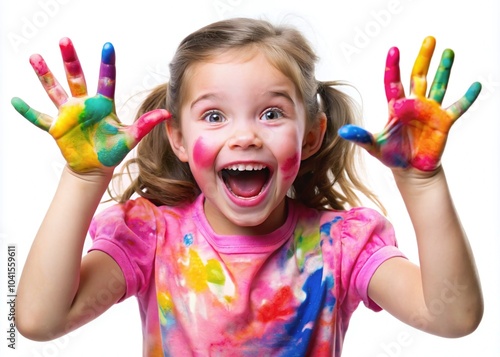 A joyful and vibrant design featuring a young girl with colorful painted hands, radiating happiness and creativity