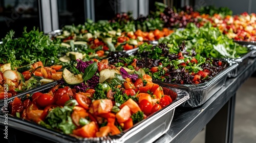 An appetizing selection of fresh salads is presented in a vibrant, colorful display, highlighting healthy eating, freshness, and an abundant array of flavors. photo